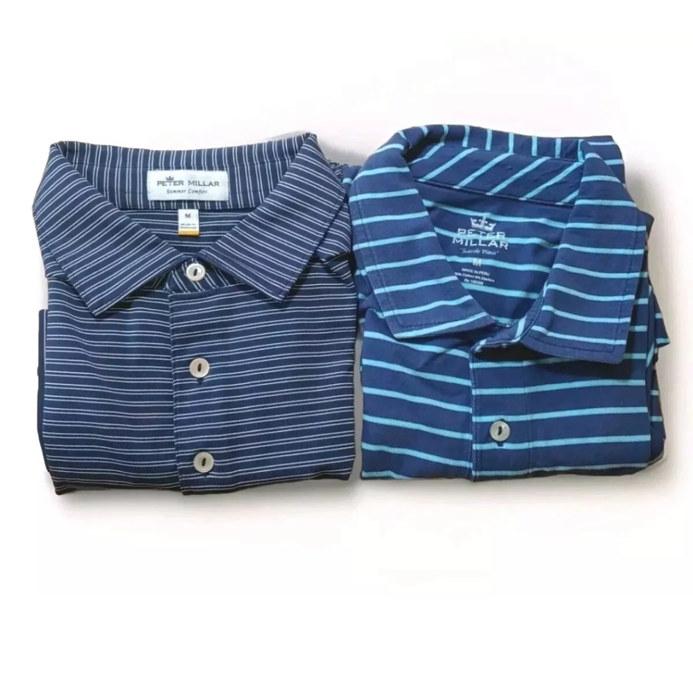 Peter Millar 2 Golf Polo Shirts Men Med Seaside Wash Summer Comfort Blue Striped